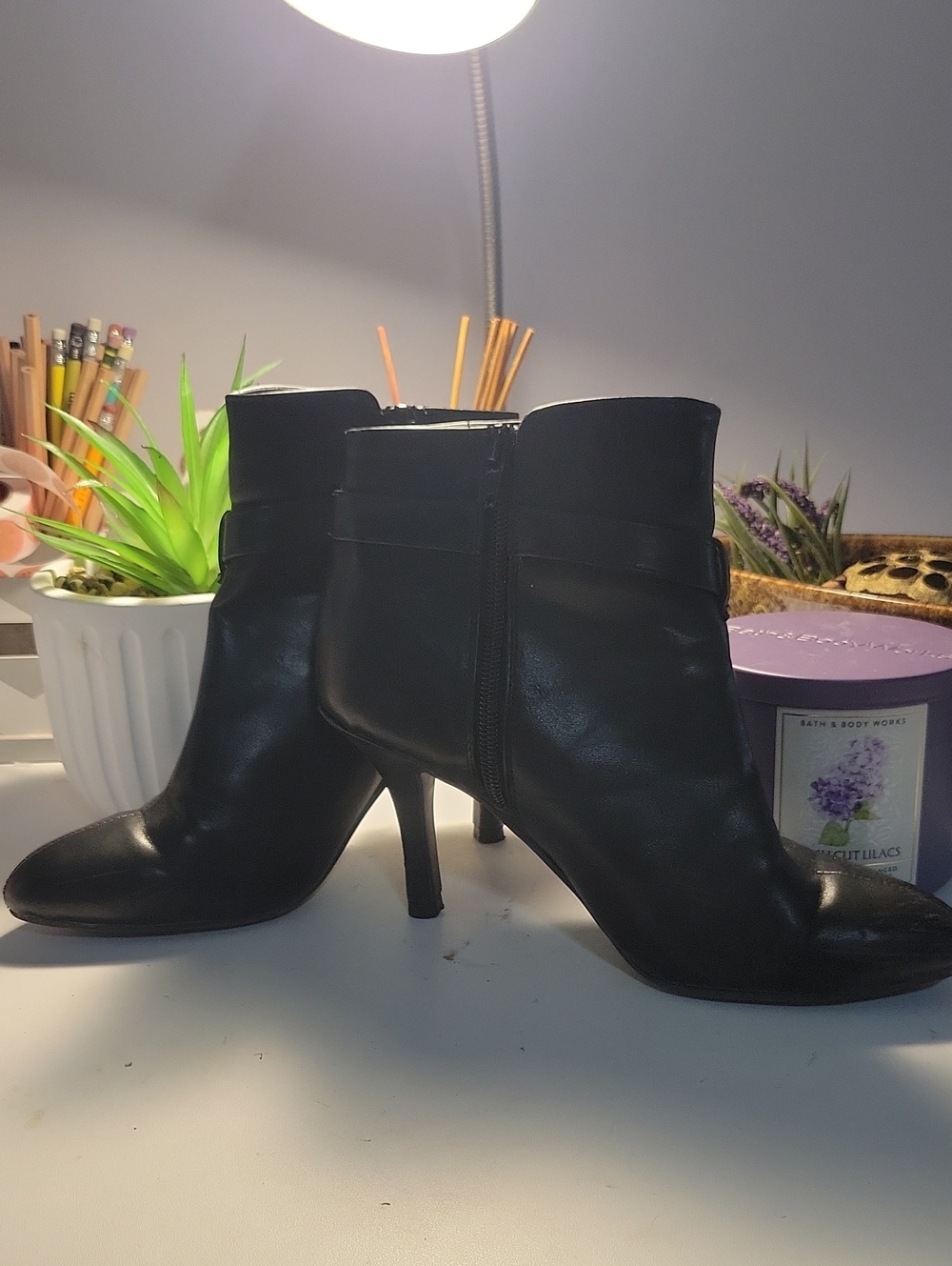 CL by Laundry Black Leather Ankle Booties with Stiletto Heel